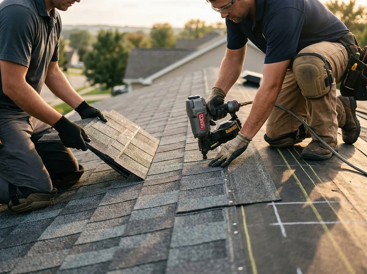 Professional roofer working on a residential roof in Belterra